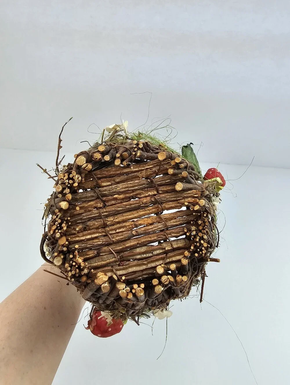 Rustic Cottagecore Strawberry Twig Basket Grapevine Handle Woodland Decor